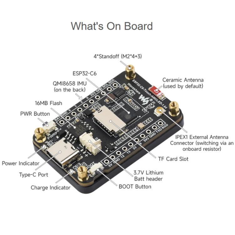 Placa de desarrollo Waveshare ESP32-C6 con pantalla táctil AMOLED de 1,64 pulgadas, resolución de 280 x 456, compatible con Wi-Fi 6 y BLE 5., Not Welded, Welded