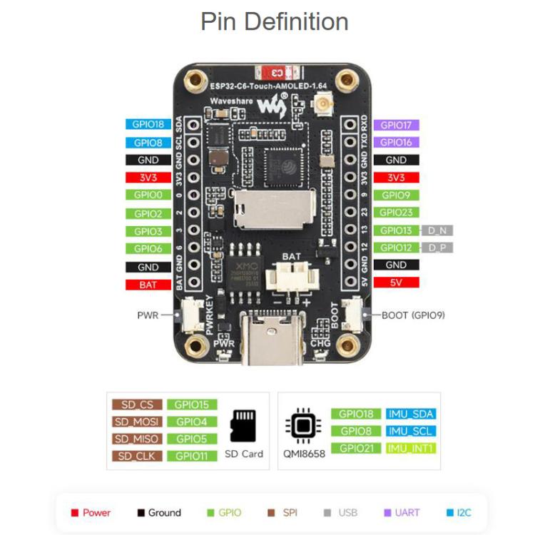 Placa de desarrollo Waveshare ESP32-C6 con pantalla táctil AMOLED de 1,64 pulgadas, resolución de 280 x 456, compatible con Wi-Fi 6 y BLE 5., Not Welded, Welded