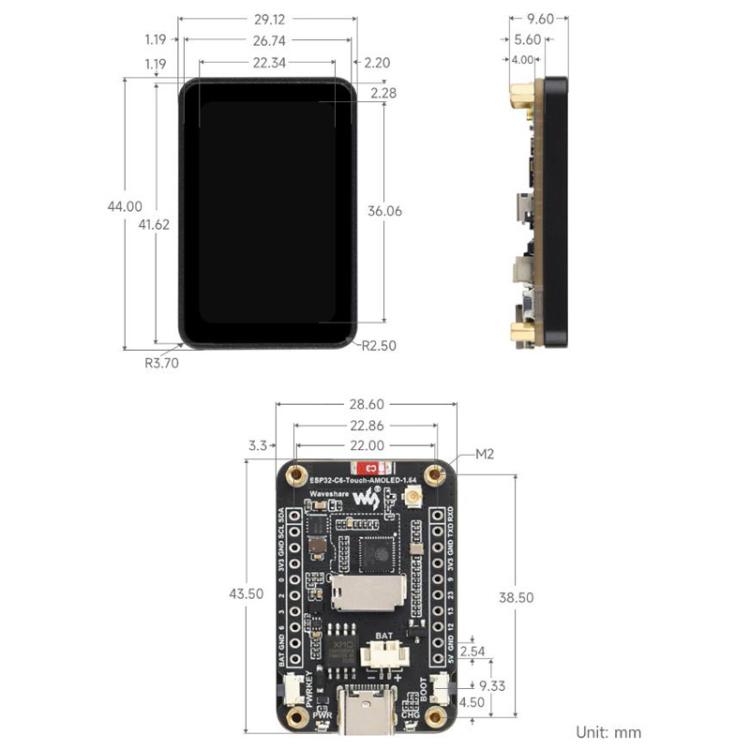 Placa de desarrollo Waveshare ESP32-C6 con pantalla táctil AMOLED de 1,64 pulgadas, resolución de 280 x 456, compatible con Wi-Fi 6 y BLE 5., Not Welded, Welded