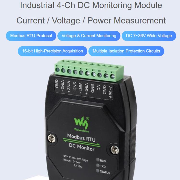 Módulo industrial de monitorización de CC de 4 canales, adquisición de alta precisión de 16 bits, compatible con medición de voltaje y corriente, protocolo Modbus RTU., 33931