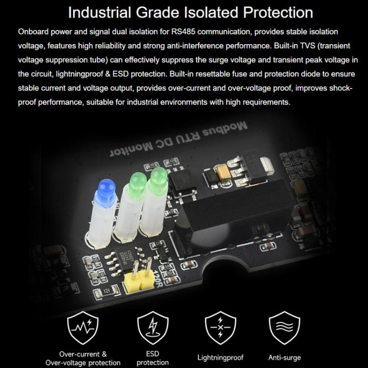 Módulo industrial de monitorización de CC de 4 canales, adquisición de alta precisión de 16 bits, compatible con medición de voltaje y corriente, protocolo Modbus RTU., 33931