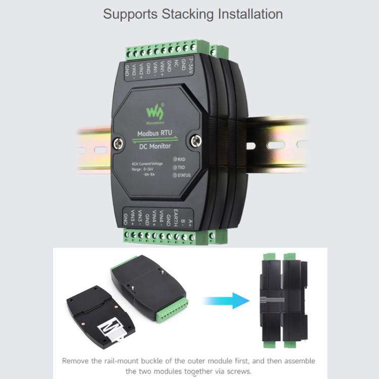 Módulo industrial de monitorización de CC de 4 canales, adquisición de alta precisión de 16 bits, compatible con medición de voltaje y corriente, protocolo Modbus RTU., 33931