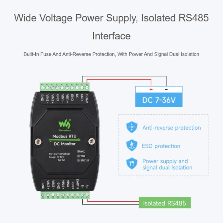 Módulo industrial de monitorización de CC de 4 canales, adquisición de alta precisión de 16 bits, compatible con medición de voltaje y corriente, protocolo Modbus RTU., 33931