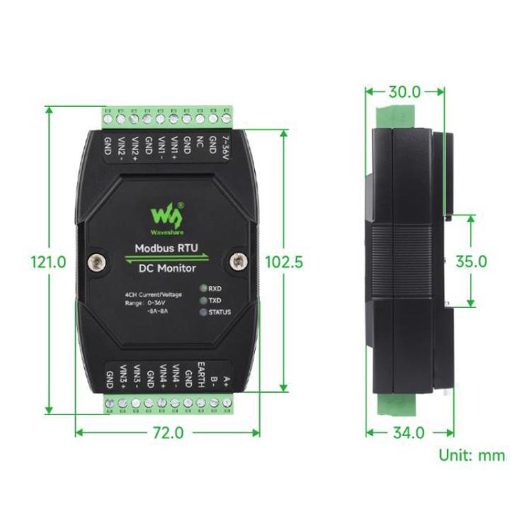Módulo industrial de monitorización de CC de 4 canales, adquisición de alta precisión de 16 bits, compatible con medición de voltaje y corriente, protocolo Modbus RTU., 33931