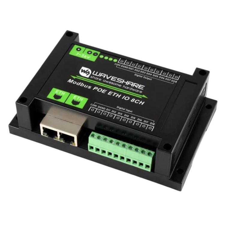 Módulo industrial de entrada/salida digital Ethernet de 8 canales con protocolo Modbus RTU/TCP, compatible con alimentación PoE., 33917