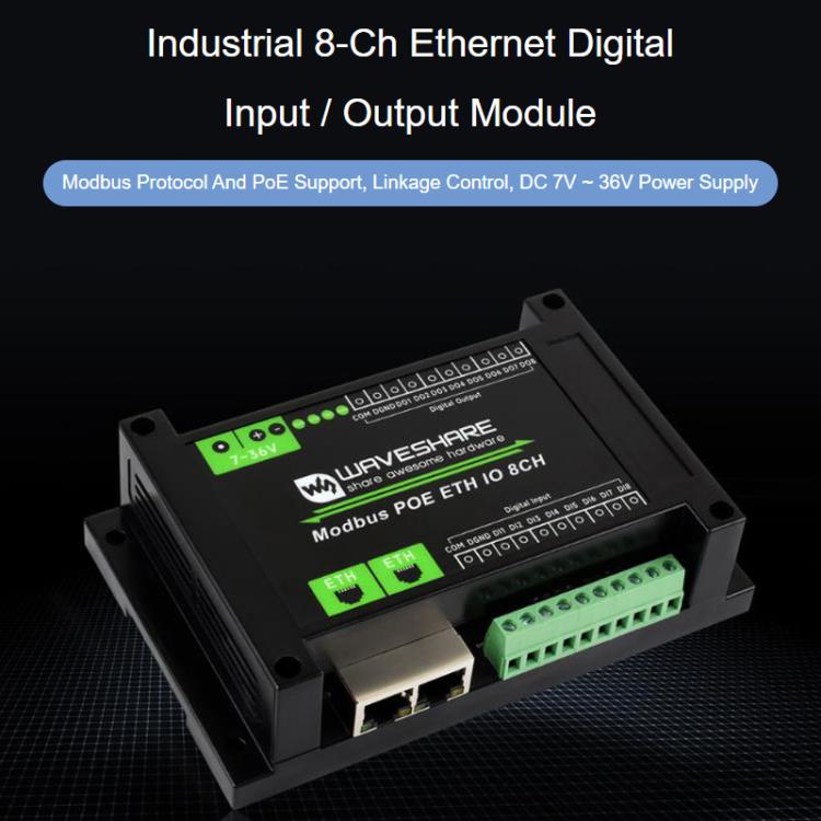 Módulo industrial de entrada/salida digital Ethernet de 8 canales con protocolo Modbus RTU/TCP, compatible con alimentación PoE., 33917