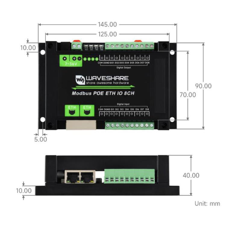 Módulo industrial de entrada/salida digital Ethernet de 8 canales con protocolo Modbus RTU/TCP, compatible con alimentación PoE., 33917