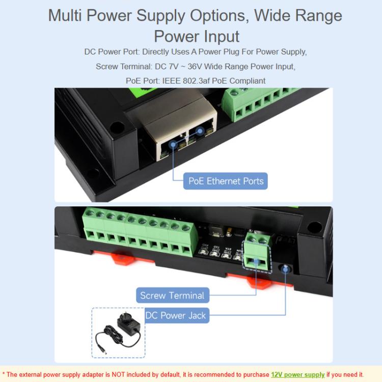 Módulo industrial de entrada/salida digital Ethernet de 8 canales con protocolo Modbus RTU/TCP, compatible con alimentación PoE., 33917