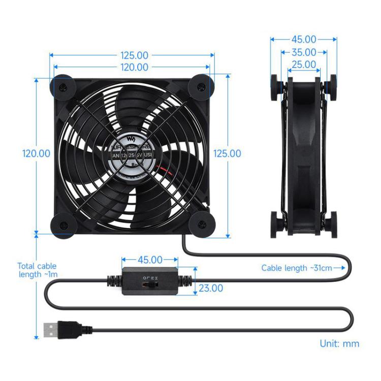 Ventilador de refrigeración silencioso Waveshare 34398 USB 5V de 120 mm, 3 velocidades ajustables, control PWM, alto flujo de aire, diseño antivibración., Single, Double