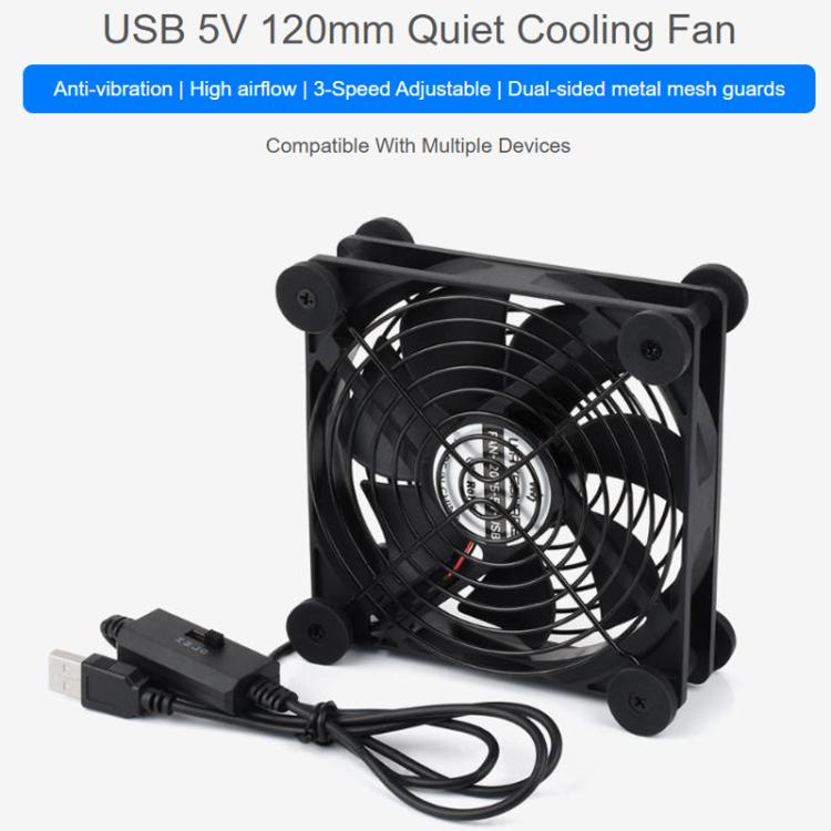 Ventilador de refrigeración silencioso Waveshare 34398 USB 5V de 120 mm, 3 velocidades ajustables, control PWM, alto flujo de aire, diseño antivibración., Single, Double
