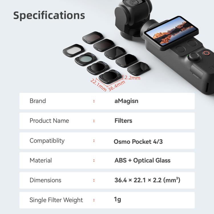 Filtro de lente magnético aMagisn para DJI Osmo Pocket 4/3, Adjustable CPL, VND  1-5 Stop, VND 6-10 Stop, Black Mist 1/4, ND4/16/64/256, ND1000
