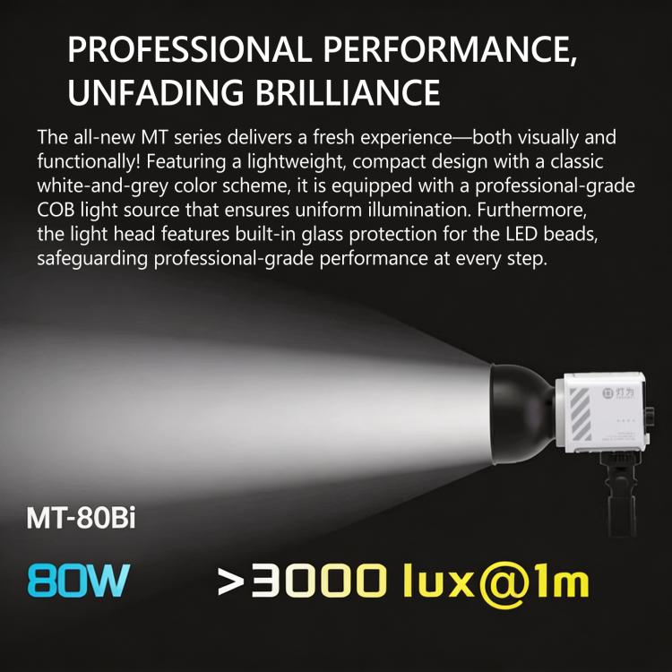 Luz de vídeo DENGWEI MT-80Bi de 80 W con LED COB bicolor de salida continua (2700 K-6500 K) y un índice de reproducción cromática (CRI) de más de 96., EU Plug, US Plug, UK Plug