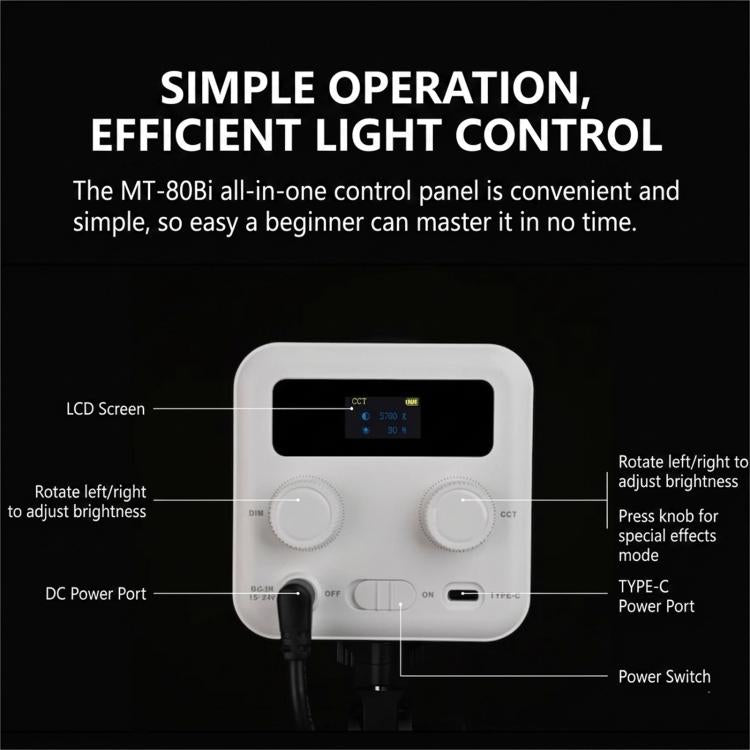 Luz de vídeo DENGWEI MT-80Bi de 80 W con LED COB bicolor de salida continua (2700 K-6500 K) y un índice de reproducción cromática (CRI) de más de 96., EU Plug, US Plug, UK Plug