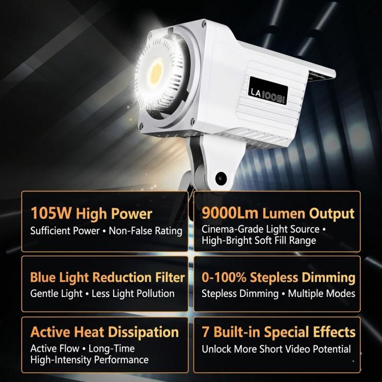 Luz de vídeo LED DENGWEI LA100Bi de 100 W con LED COB de salida continua para transmisión en directo, luz de estudio bicolor de 2700 K a 6500 K., EU Plug, US Plug, UK Plug