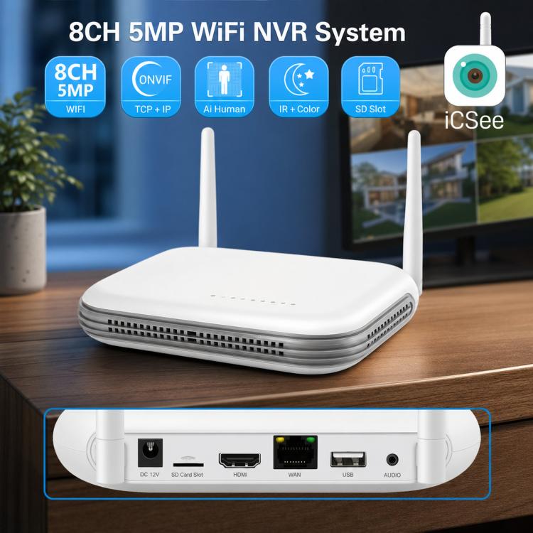 Sistema NVR inalámbrico de 8 canales para cámaras de seguridad de 5MP/3MP, grabador de vídeo en red WiFi, compatible con disco duro de 2,5 pulgadas y tarjeta TF., US Plug, EU Plug, UK Plug