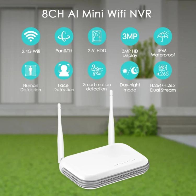 Sistema NVR inalámbrico de 8 canales para cámaras de seguridad de 5MP/3MP, grabador de vídeo en red WiFi, compatible con disco duro de 2,5 pulgadas y tarjeta TF., US Plug, EU Plug, UK Plug