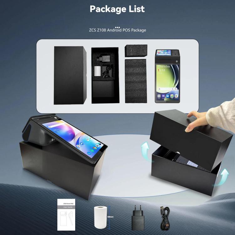 Caja registradora TPV portátil Android Z108, dispositivo de pago con escaneo táctil de doble pantalla para supermercados y restaurantes., 2.6 inch EU Plug, 3.9 inch EU Plug