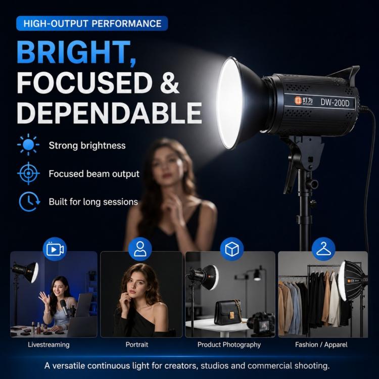 Lámpara de estudio DENGWEI DW200D de 200 W con LED COB y salida continua, balance de luz diurna., EU Plug, US Plug, UK Plug