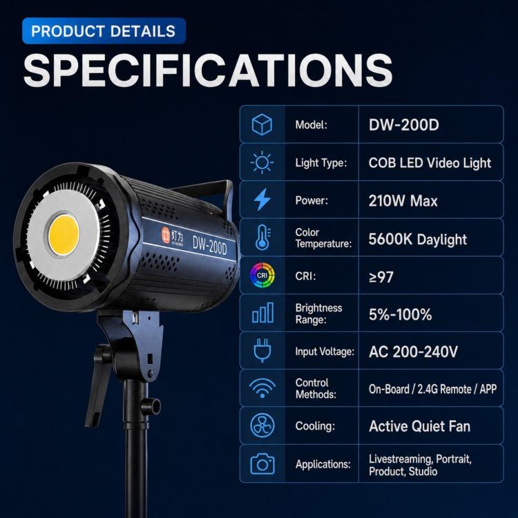 Lámpara de estudio DENGWEI DW200D de 200 W con LED COB y salida continua, balance de luz diurna., EU Plug, US Plug, UK Plug