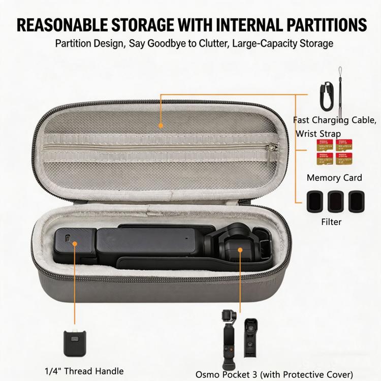 Estuche rígido de transporte de piel sintética con correa para la muñeca para DJI Osmo Pocket 3 (solo o independiente) y accesorios esenciales.