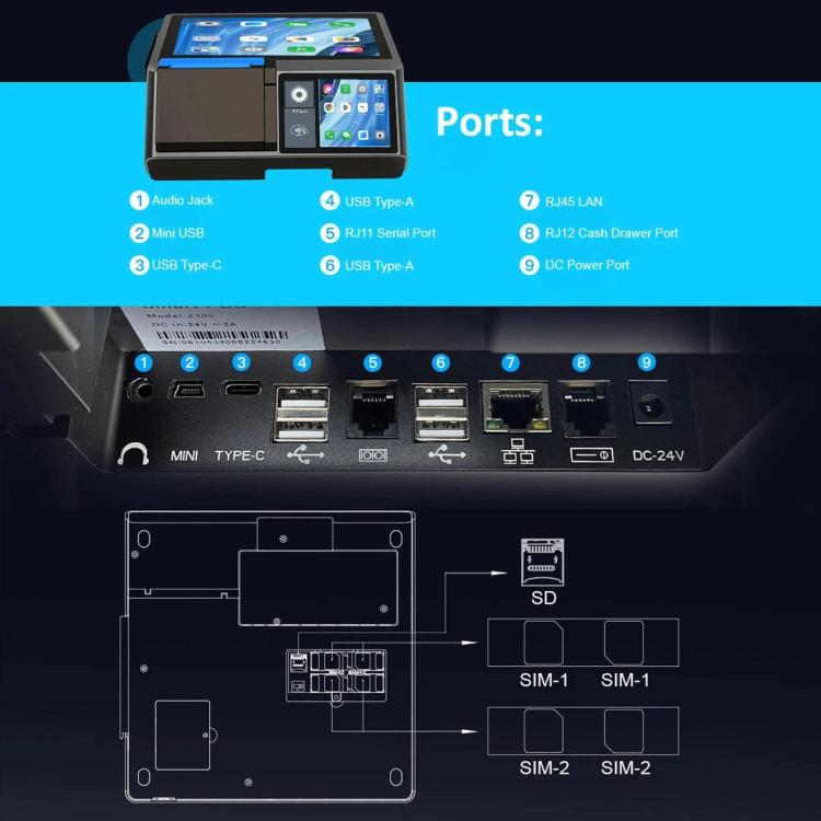Caja registradora inteligente Z100 de doble pantalla con impresora, todo en uno, terminal POS Android para hoteles, restaurantes y supermercados. Enchufe europeo., 3.95 inch 58mm, 3.95 inch 80mm, 2.6 inch 58mm, 2.6 inch 80mm