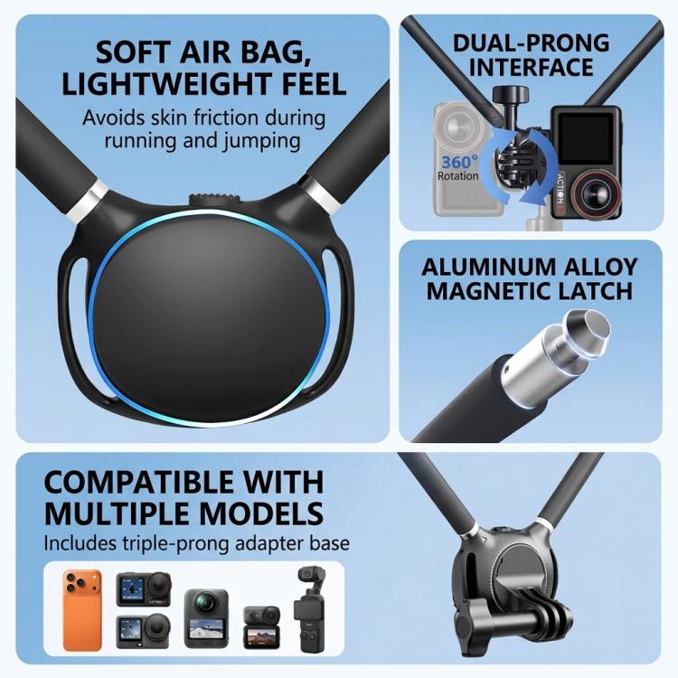 Soporte para cuello para cámara de acción con base giratoria de 360 grados de liberación rápida, soporte para collar POV con amortiguación de aire y correa pectoral antivibración.