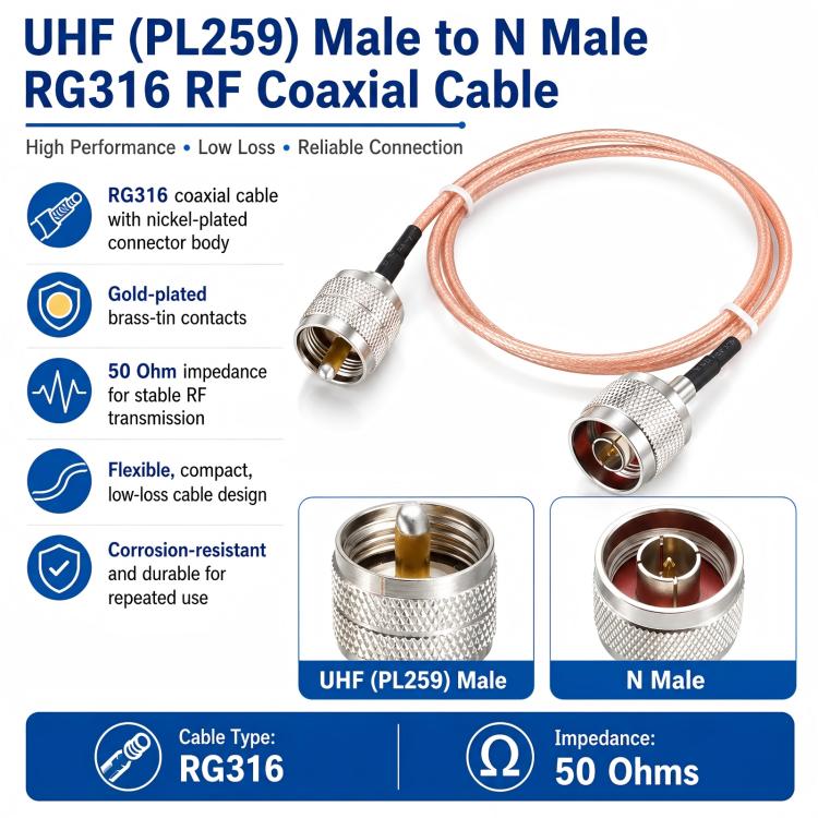 Cable de extensión coaxial RF RG316 con conector UHF macho a conector N macho, 0.1m, 0.15m, 0.3m, 1m, 2m, 3m, 5m
