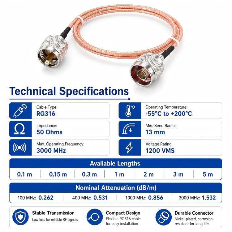 Cable de extensión coaxial RF RG316 con conector UHF macho a conector N macho, 0.1m, 0.15m, 0.3m, 1m, 2m, 3m, 5m