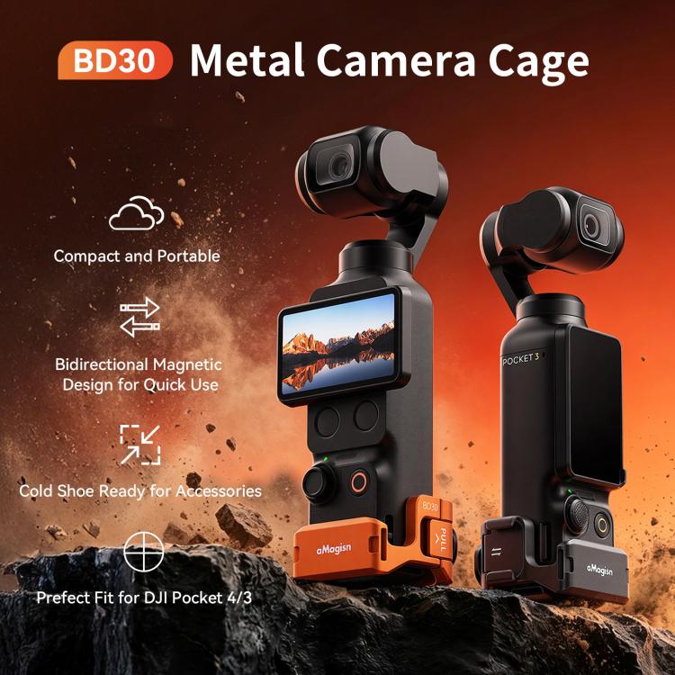 Jaula metálica multifuncional para cámara DJI Osmo Pocket 4 y Pocket 3 aMagisn con soporte para zapata fría, rosca de doble punta y de 1/4 de pulgada, adaptador de liberación rápida magnético compatible.