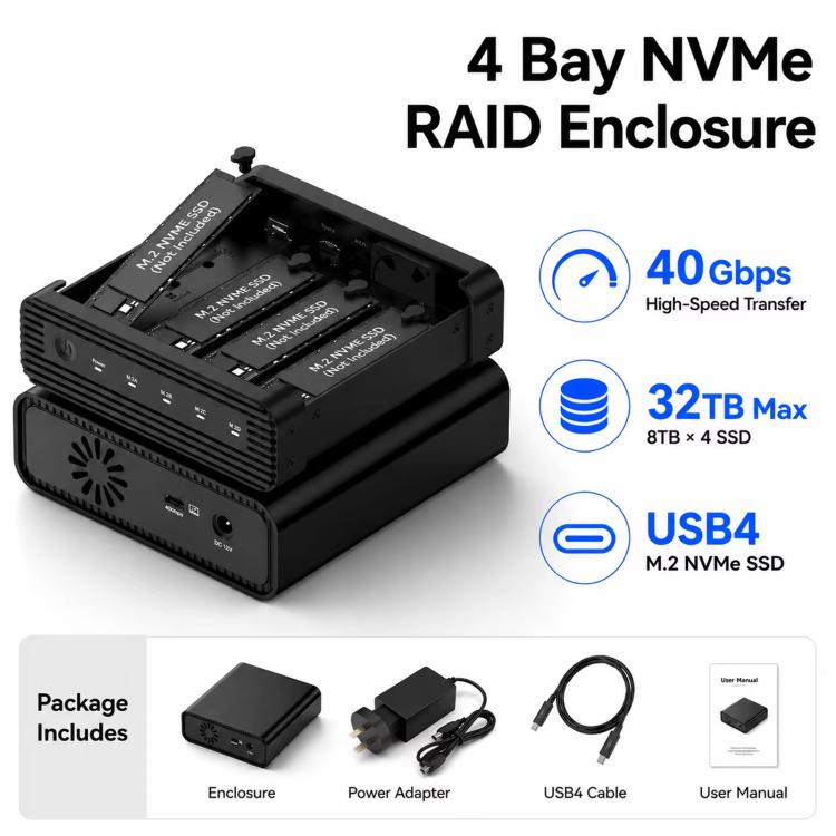 Carcasa para SSD NVMe M.2 USB4 Blueendless, caja externa de cuatro bahías para unidades de estado sólido de 40 Gbps, compatible con Soft RAID 0/1/5, capacidad de 32 TB., US Plug, EU Plug, UK Plug, AU Plug