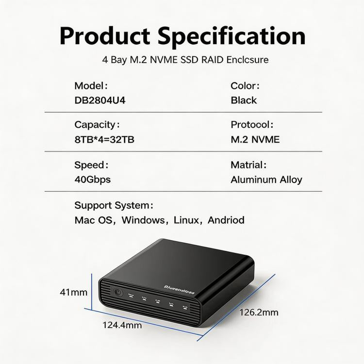 Carcasa para SSD NVMe M.2 USB4 Blueendless, caja externa de cuatro bahías para unidades de estado sólido de 40 Gbps, compatible con Soft RAID 0/1/5, capacidad de 32 TB., US Plug, EU Plug, UK Plug, AU Plug
