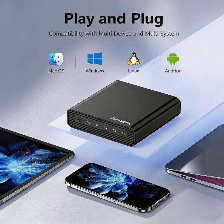 Carcasa para SSD NVMe M.2 USB4 Blueendless, caja externa de cuatro bahías para unidades de estado sólido de 40 Gbps, compatible con Soft RAID 0/1/5, capacidad de 32 TB., US Plug, EU Plug, UK Plug, AU Plug