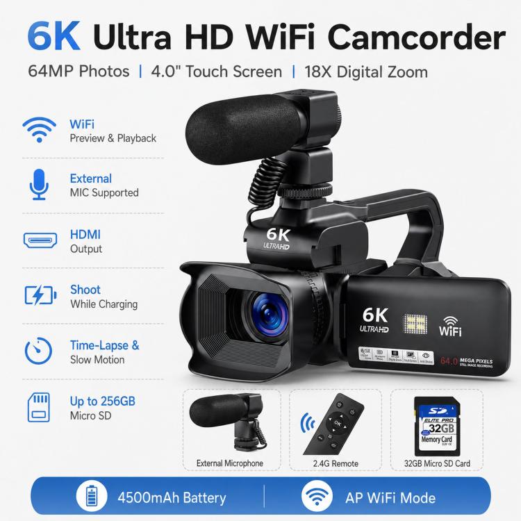 Videocámara digital de 64 MP con resolución 6K, zoom óptico de 18x, pantalla táctil de 4 pulgadas, micrófono y luz LED., 32G, 64G, 128G, 256G