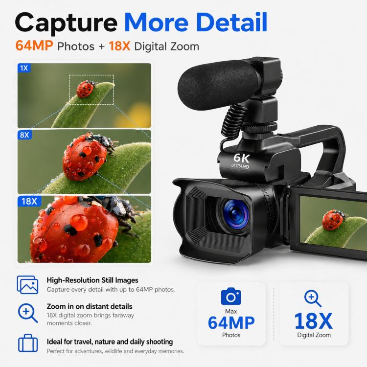 Videocámara digital de 64 MP con resolución 6K, zoom óptico de 18x, pantalla táctil de 4 pulgadas, micrófono y luz LED., 32G, 64G, 128G, 256G
