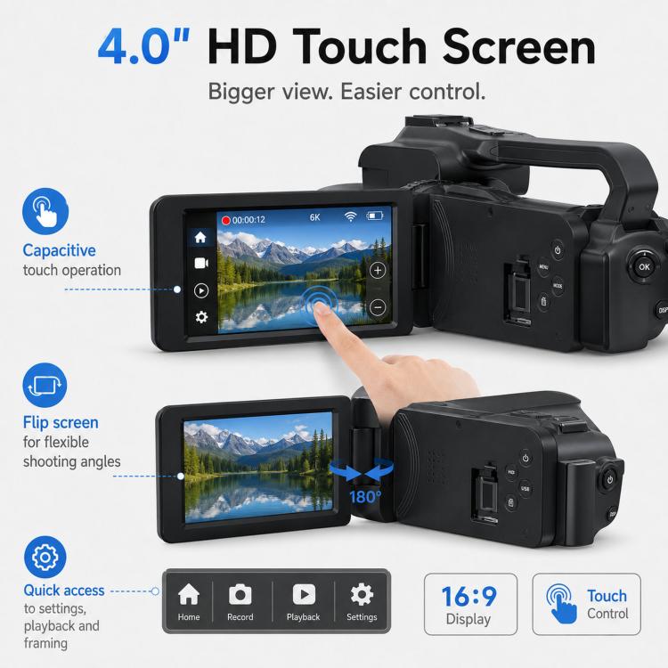 Videocámara digital de 64 MP con resolución 6K, zoom óptico de 18x, pantalla táctil de 4 pulgadas, micrófono y luz LED., 32G, 64G, 128G, 256G