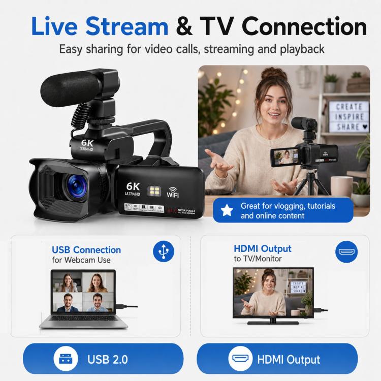 Videocámara digital de 64 MP con resolución 6K, zoom óptico de 18x, pantalla táctil de 4 pulgadas, micrófono y luz LED., 32G, 64G, 128G, 256G