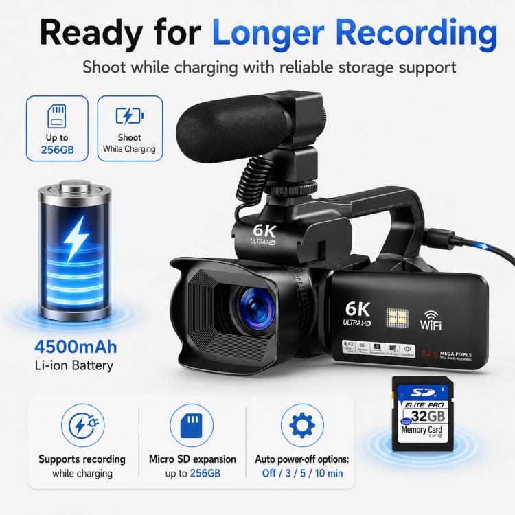 Videocámara digital de 64 MP con resolución 6K, zoom óptico de 18x, pantalla táctil de 4 pulgadas, micrófono y luz LED., 32G, 64G, 128G, 256G