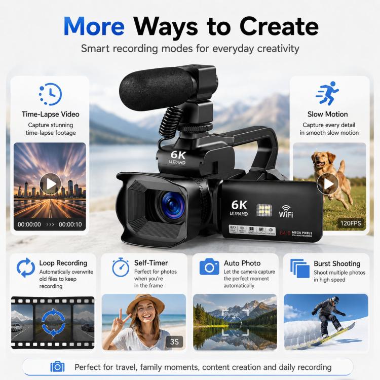 Videocámara digital de 64 MP con resolución 6K, zoom óptico de 18x, pantalla táctil de 4 pulgadas, micrófono y luz LED., 32G, 64G, 128G, 256G