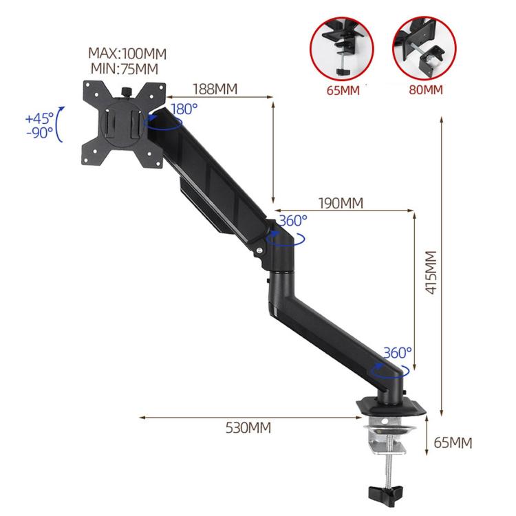 Soporte de escritorio ajustable en altura con resorte cilíndrico y brazo articulado para monitores de 10 a 32 pulgadas., DY-01