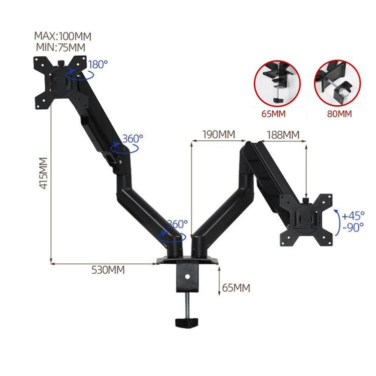 Soporte neumático de 32 pulgadas para monitor de computadora de doble pantalla con altura ajustable, DY-02