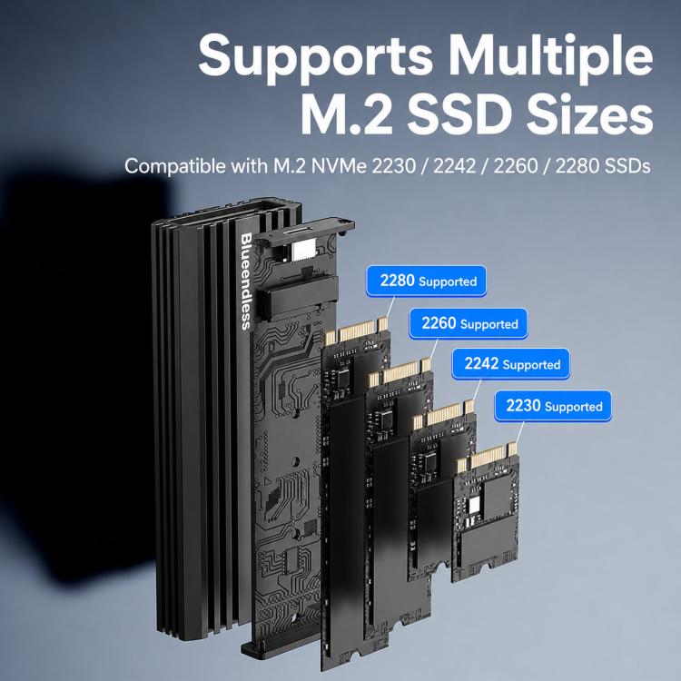 Carcasa para SSD M.2 NVMe Blueendless M6NA de 20 Gbps, USB 3.2 Gen 2x2 Tipo-C, carcasa de aluminio para discos duros externos 2230/2242/2260/2280 de hasta 8 TB., M6NA