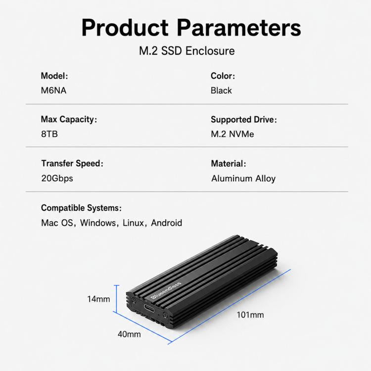 Carcasa para SSD M.2 NVMe Blueendless M6NA de 20 Gbps, USB 3.2 Gen 2x2 Tipo-C, carcasa de aluminio para discos duros externos 2230/2242/2260/2280 de hasta 8 TB., M6NA