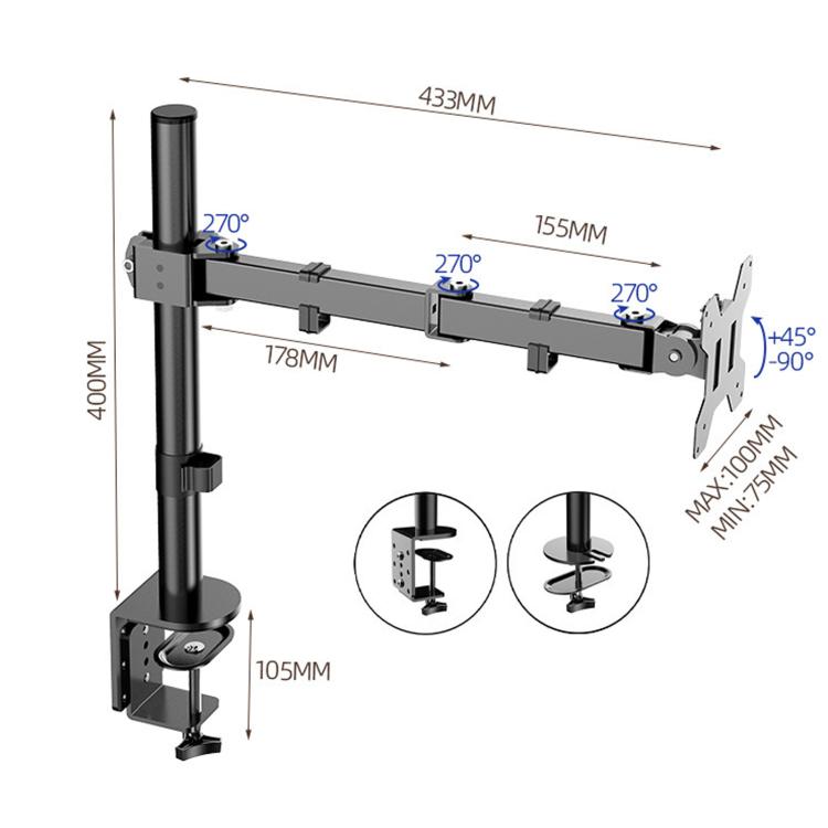 Soporte mecánico giratorio de un solo brazo para monitor de computadora con abrazadera de escritorio, ZX-MT011
