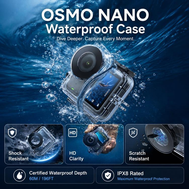 Funda impermeable TELESIN de 60 m para DJI Osmo Nano IPX8, carcasa subacuática para buceo, cubierta protectora antivaho para cámara de acción.