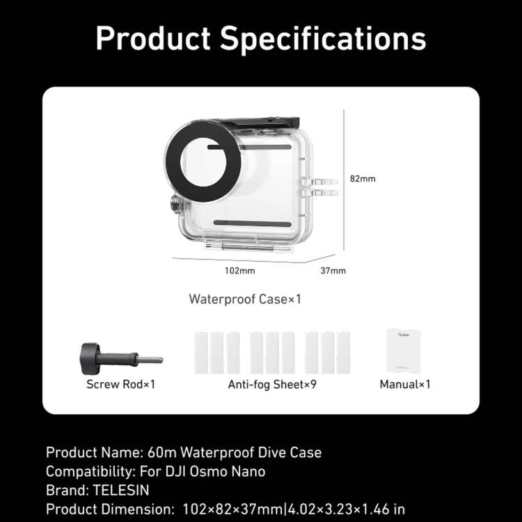 Funda impermeable TELESIN de 60 m para DJI Osmo Nano IPX8, carcasa subacuática para buceo, cubierta protectora antivaho para cámara de acción.