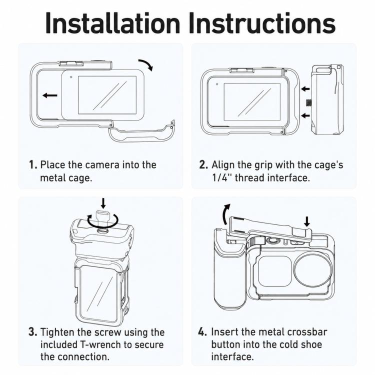 Para DJI Action 6 TELESIN Street Photography Grip Set, jaula de cámara de aleación de aluminio, empuñadura de mano, For DJI Action 6
