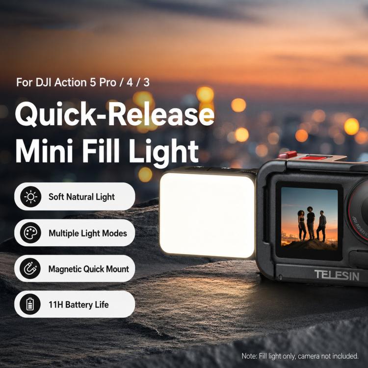 Luz de relleno mini para vlogs de liberación rápida TELESIN para DJI Action 5 Pro/4/3, luz de vídeo LED magnética impermeable IPX5 con 3 temperaturas de color., For DJI Action 5 Pro/4/3