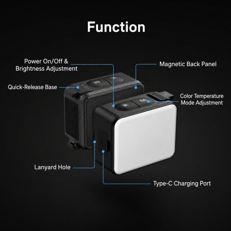 Luz de relleno mini para vlogs de liberación rápida TELESIN para DJI Action 5 Pro/4/3, luz de vídeo LED magnética impermeable IPX5 con 3 temperaturas de color., For DJI Action 5 Pro/4/3