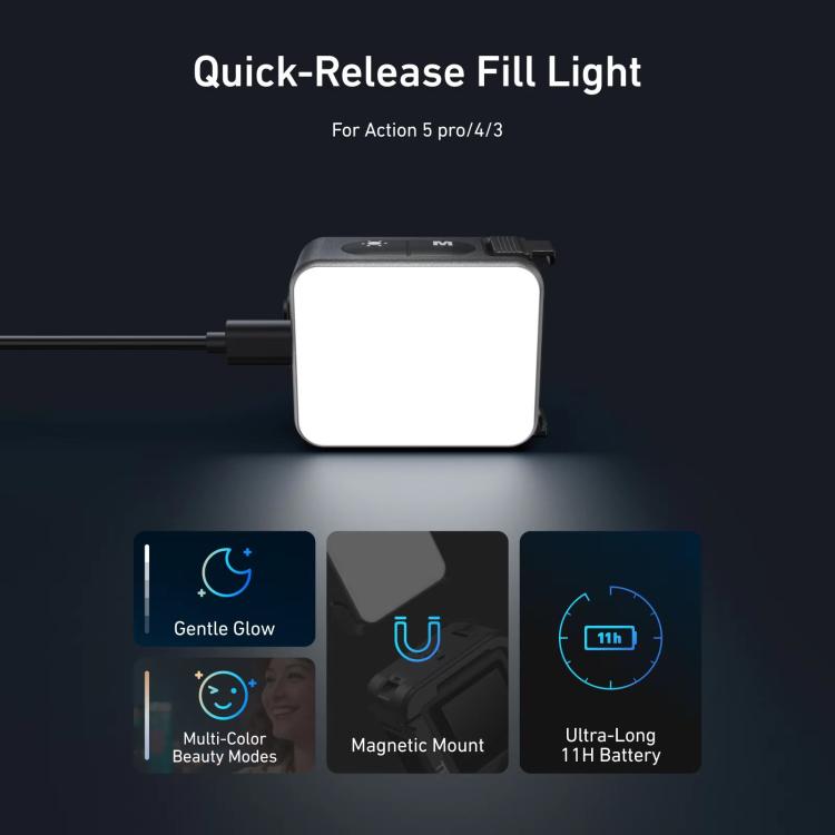 Luz de relleno mini para vlogs de liberación rápida TELESIN para DJI Action 5 Pro/4/3, luz de vídeo LED magnética impermeable IPX5 con 3 temperaturas de color., For DJI Action 5 Pro/4/3