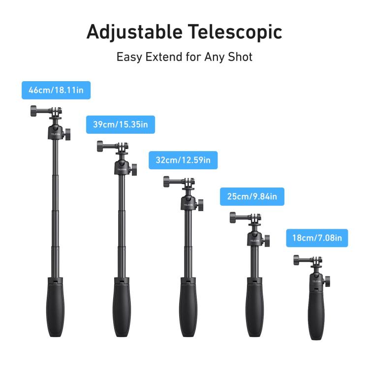 Trípode mini selfie TELESIN 3.0 para cámara de acción, poste extensible de aluminio de 18-46 cm con rótula de 360 grados., S1-MNP-16